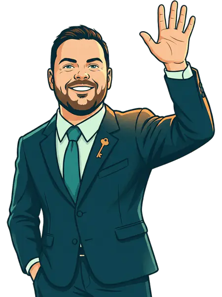Justin Kelly, drawn as a comic-book hero, waving hello