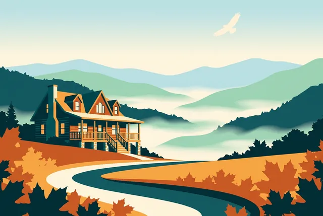 Illustration of a timber-and-stone Tennessee home on a hillside above the misty ridges of the Great Smoky Mountains